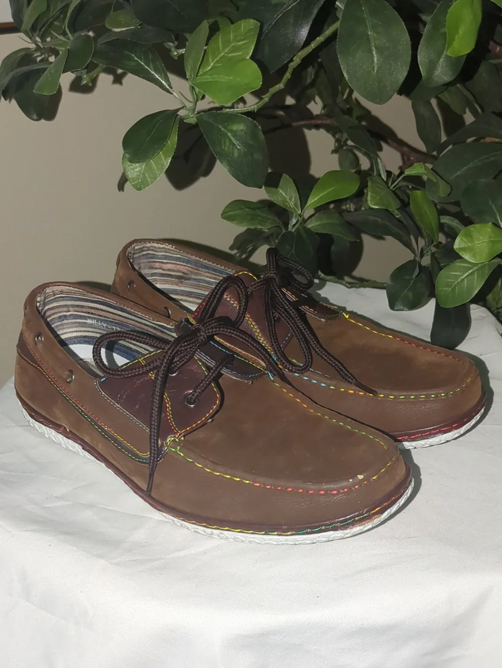 J's Awake Brown Leather Boat Shoes with Multicolor Stitching
